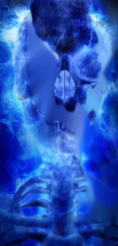 Electric blue skull with vibrant light effects, abstract style.