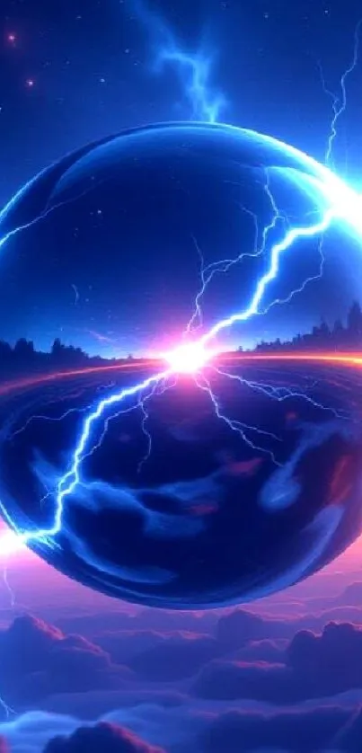 Electric sphere with lightning in a cosmic scene.