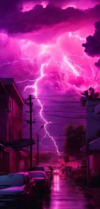 Purple lightning storm over urban night street scene.