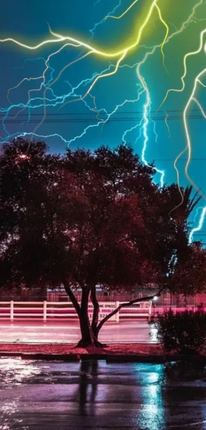 Dynamic lightning storm over tree-lined street at night.