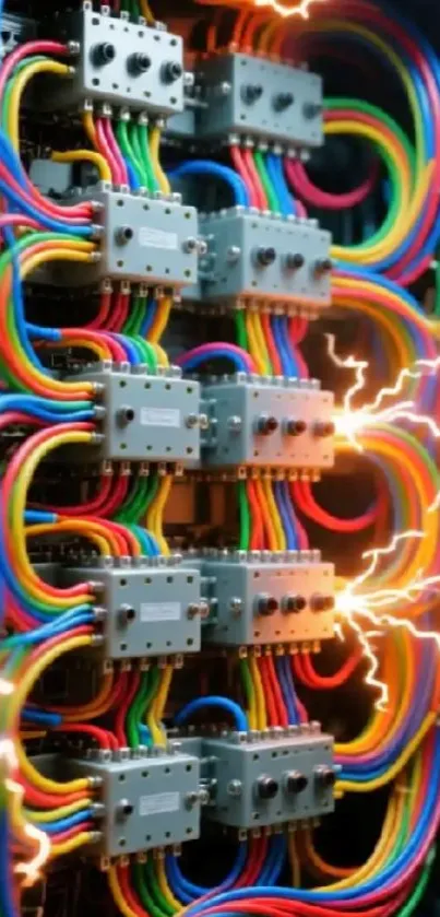 Colorful electrical circuit art with vibrant wires and sparks.