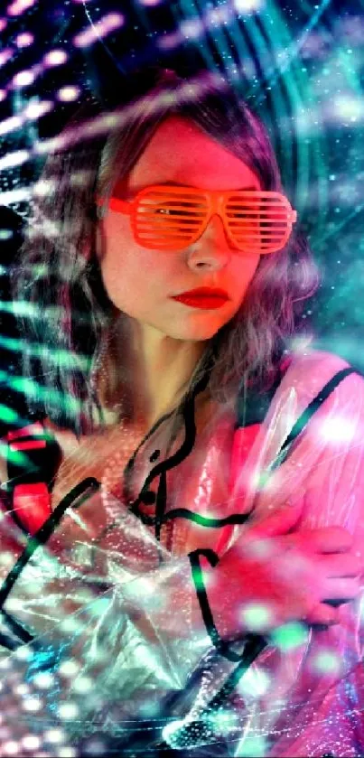 Futuristic woman with vibrant neon colors and patterns, wearing orange glasses.