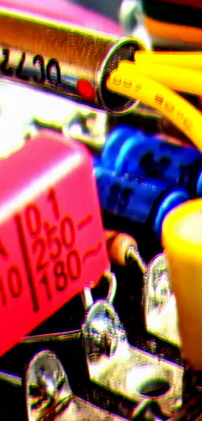 Close-up of vibrant electronic circuit components with resistors and wires.