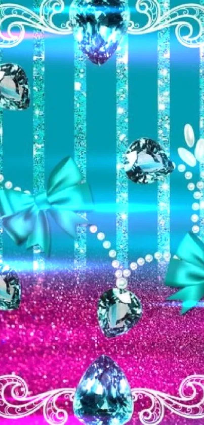 Teal bows and gems on a sparkling pink background.