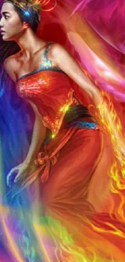 Colorful wallpaper featuring a woman with fire and water elements.