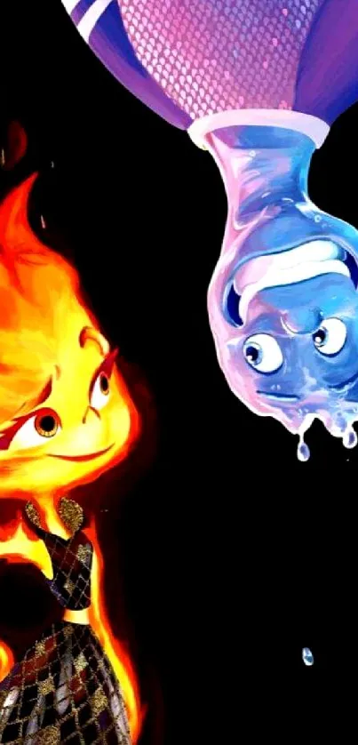 Vibrant fire and water characters on a black background.