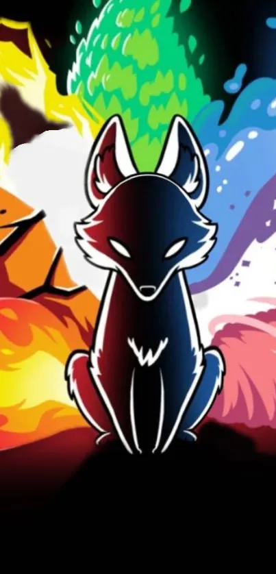 Colorful fox amidst elements in vibrant art design.