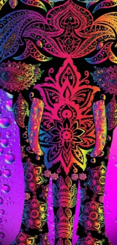 Colorful elephant design on purple background with water droplets.