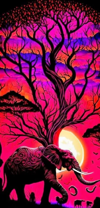 Vibrant mobile wallpaper featuring an elephant and tree design with pink hues.