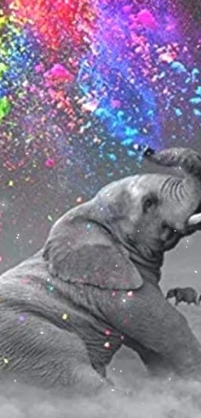 Elephant with vivid color splashes in a mobile wallpaper design.