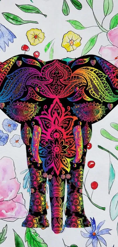 Colorful patterned elephant with floral background.