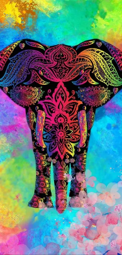 Colorful elephant art on a vibrant background