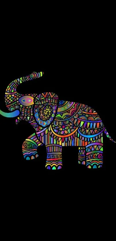 Vibrant elephant art in colorful patterns on black background.