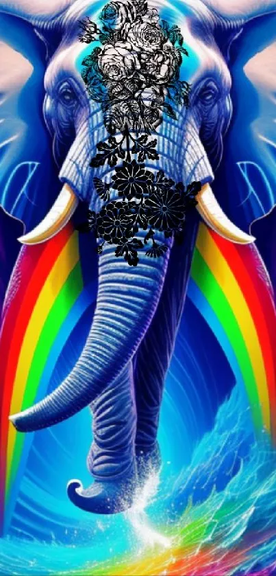 Vibrant blue elephant with rainbow and ocean wave design.