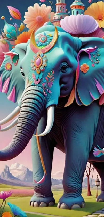 Colorful artistic elephant with floral designs on teal background.