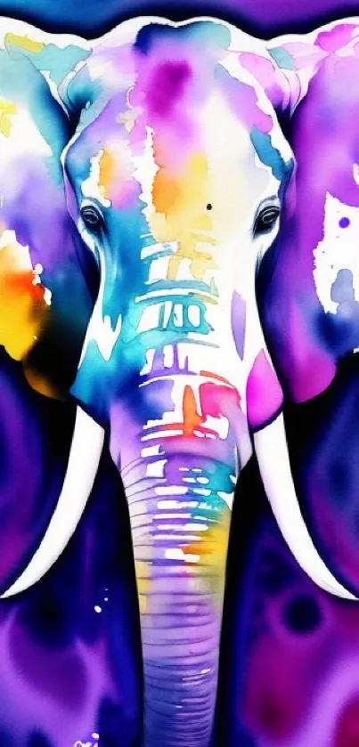 Vibrant watercolor elephant wallpaper with a purple background.