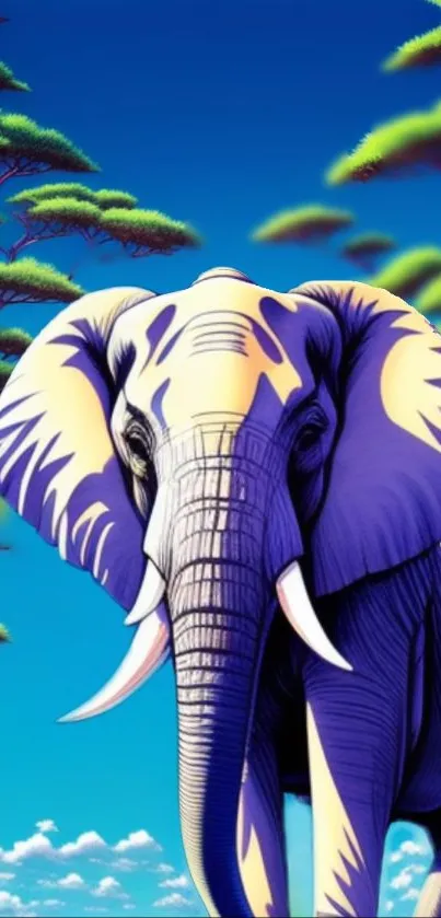 Vibrant elephant art with blue sky backdrop.