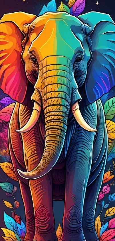 Vibrant multicolor artistic elephant illustration with leaves.