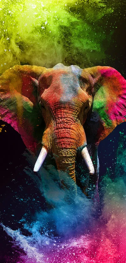 Vibrant elephant with colorful powder splashes on a black background.