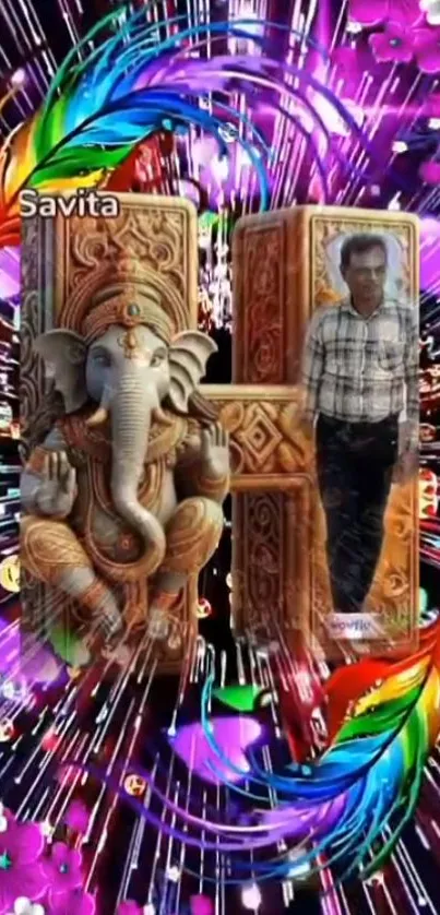 Colorful wallpaper with elephant deity and vibrant cosmic theme.