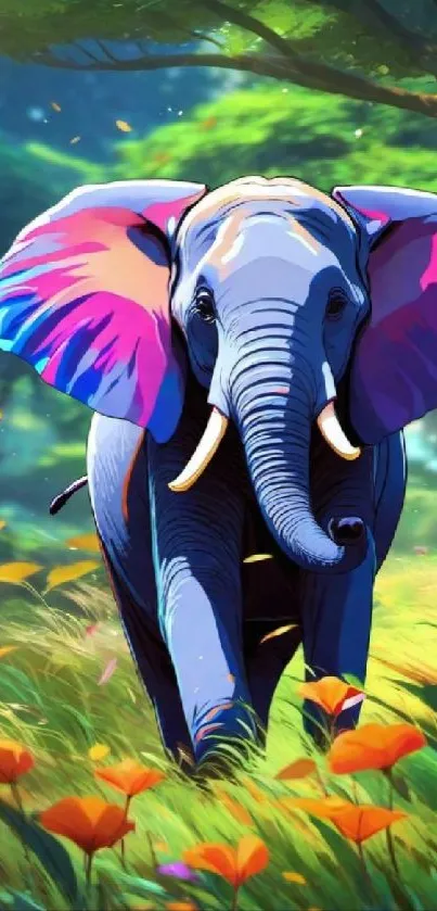 Vibrant fantasy elephant in colorful nature with butterflies.