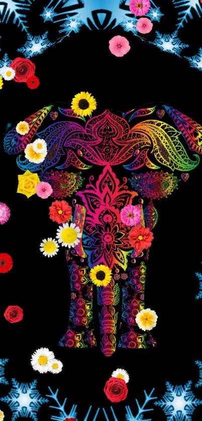 Colorful elephant floral art wallpaper with vibrant flowers and artistic design.