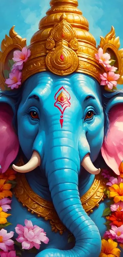 Artistic blue elephant god with vibrant details and floral adornments.