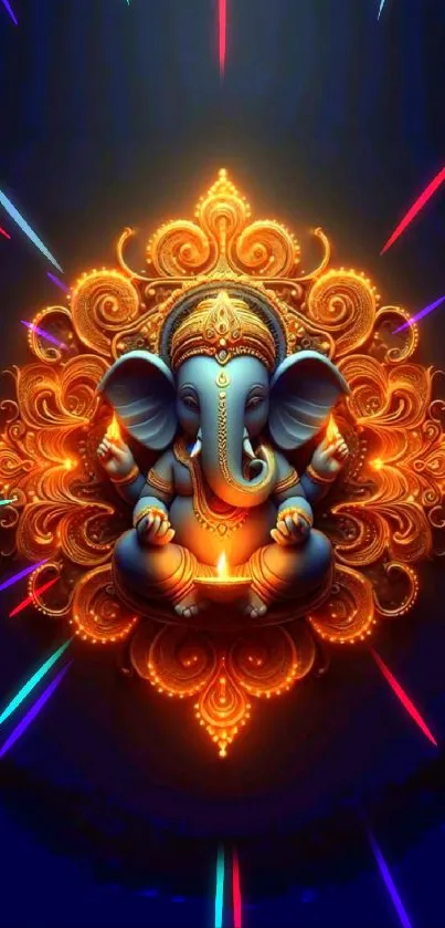 Colorful elephant mandala with glowing details on a dark background.