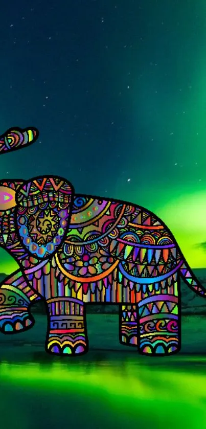 Colorful elephant with aurora night sky in the background.