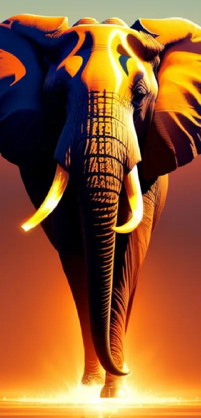 Vibrant orange and blue elephant silhouette art against a sunset background.