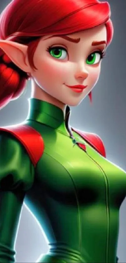 Animated elf warrior with red hair and green outfit in a vibrant wallpaper.