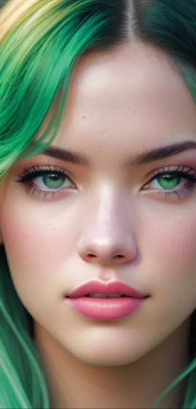 Portrait with vibrant emerald green hair, serene expression.