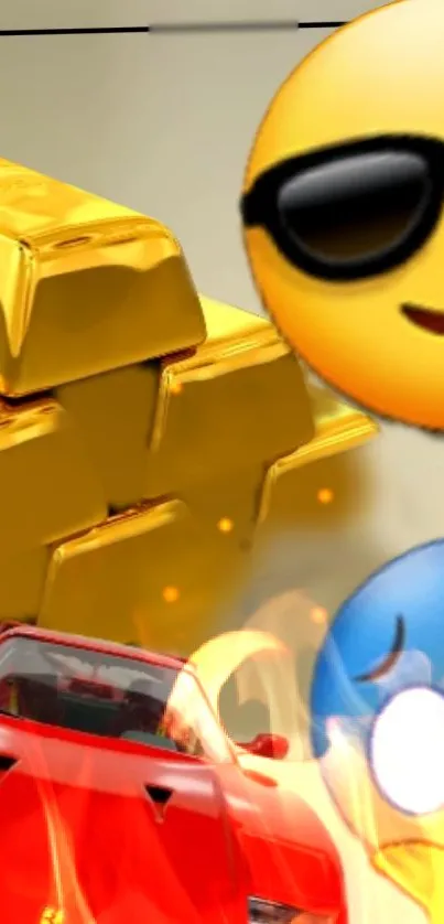 Vibrant emoji, gold bars, and red car on wallpaper