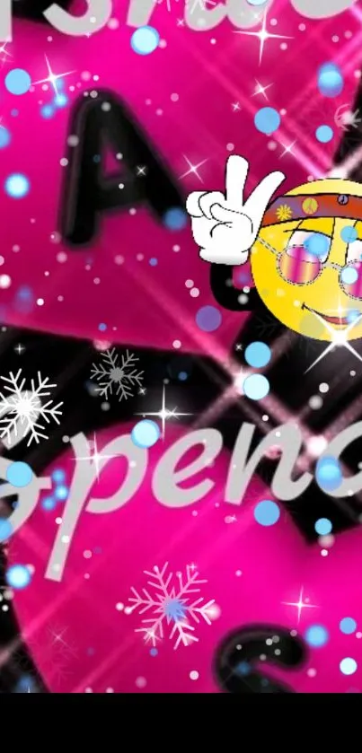 Vibrant wallpaper with pink hearts, emojis, and snowflakes.