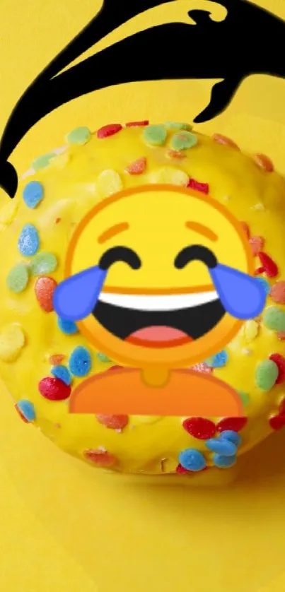 Colorful emoji and dolphin art with sprinkles on a yellow background.