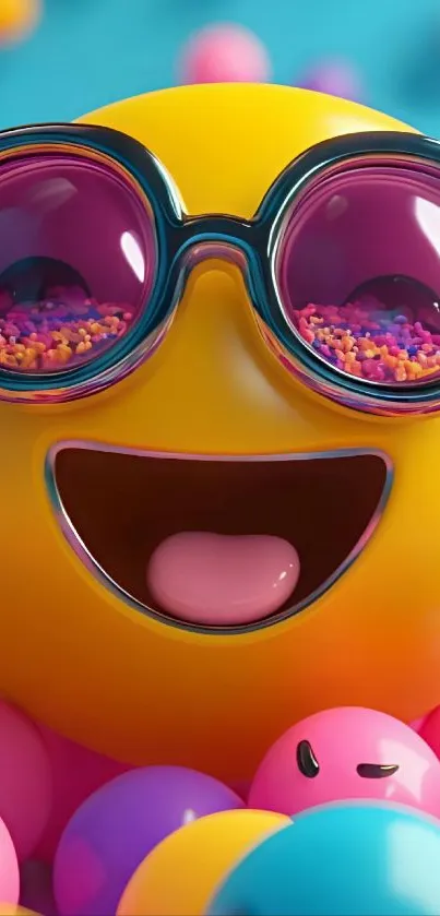 Vibrant emoji with sunglasses on a colorful background.