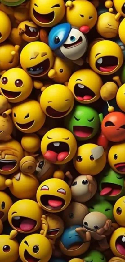 Colorful mobile wallpaper with various smiley emojis in vibrant colors.