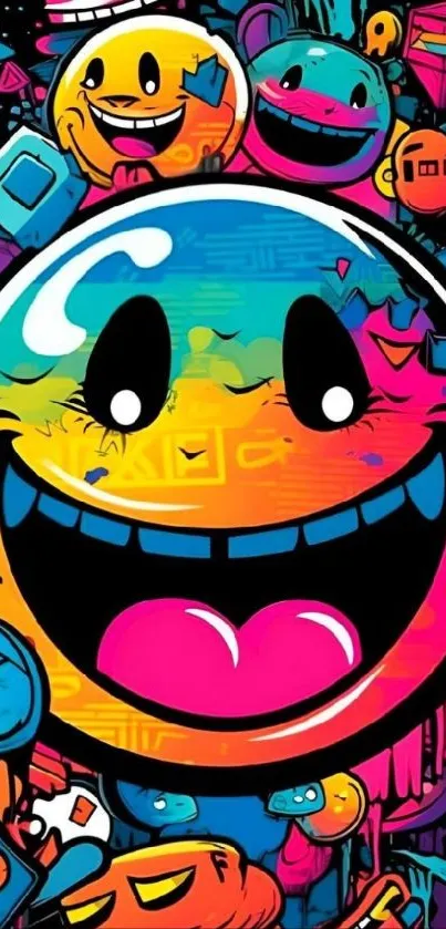 Vibrant multicolored emoji art wallpaper for mobile.