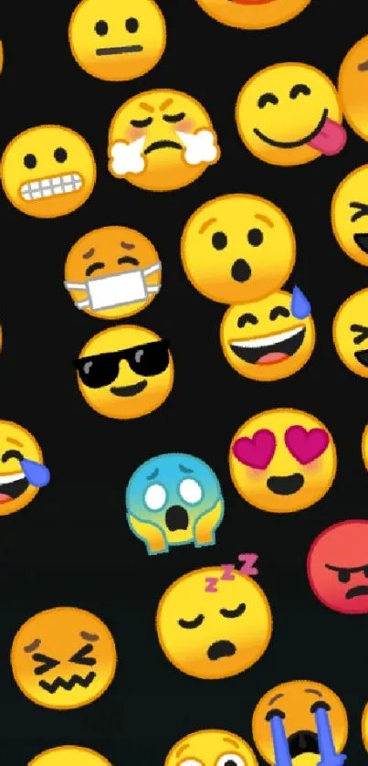 Vibrant mobile wallpaper with colorful emojis on a dark background.