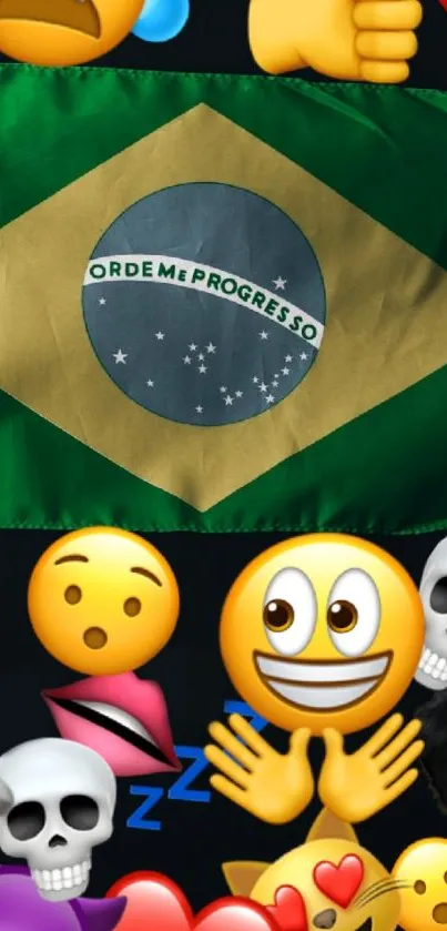 Vibrant smartphone wallpaper with emojis and Brazilian flag.