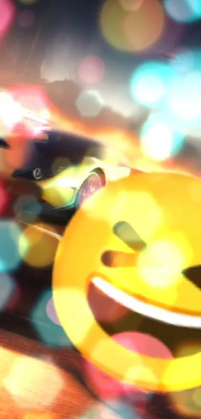 Bright emoji with a blurred car in vibrant colors.