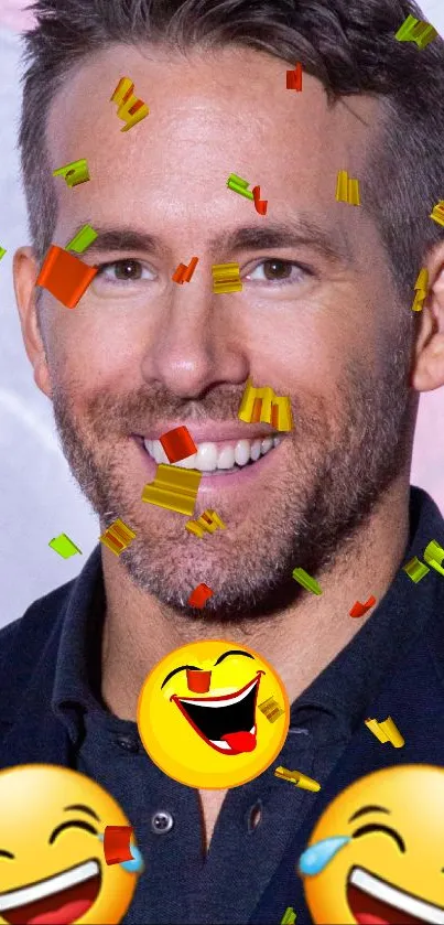 Smiling face with emoji and confetti overlay on wallpaper.