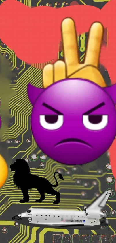 Purple emoji wallpaper with circuit board background.