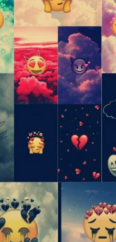 Vibrant wallpaper with emojis and colorful cloud backgrounds.