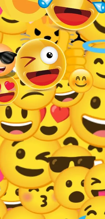 A colorful collage of expressive emojis for vibrant phone wallpaper.