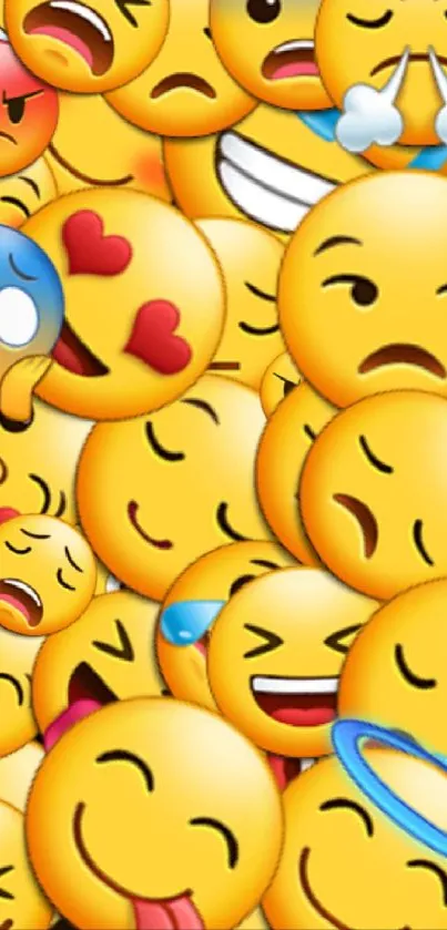 Colorful emoji collage wallpaper featuring various expressive faces.