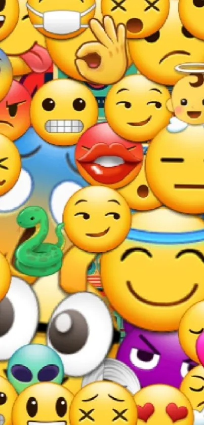 Vibrant emoji collage wallpaper with colorful and fun designs for mobile use.