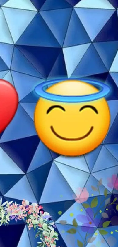 Colorful emoji collage on a blue geometric background.