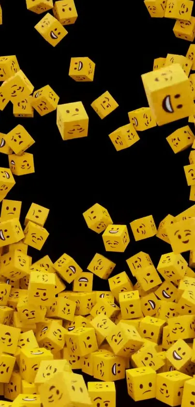 Dynamic wallpaper of yellow emoji cubes on a black background.