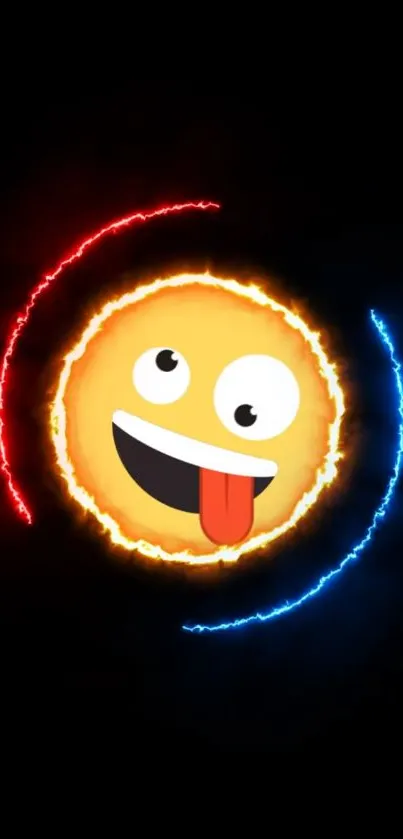 Lively emoji with red and blue energy rings on black background.